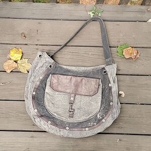 Mona B Leather and Canvas Shoulder Hobo bag Gray with silver hardware.
